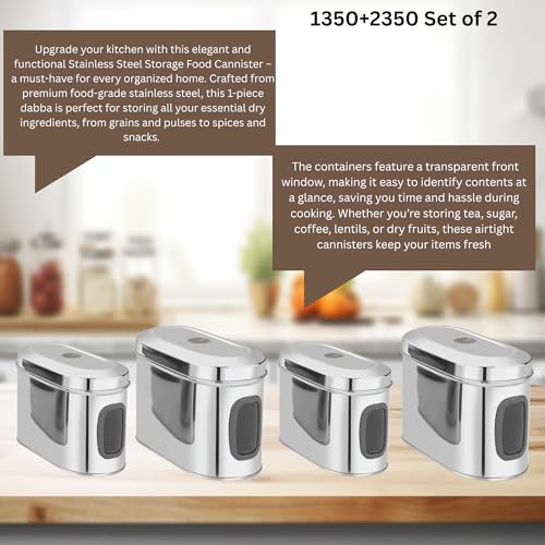 Image of Stainless Steel Capsule Food Canisters /Jars /Containers for Kitchen Storage with See Through Window - set of 4, 1350 & 2350 ml capacity, Silver