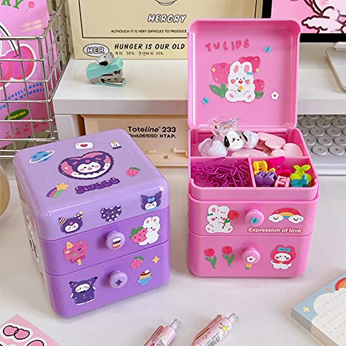 Kawaii Small Desk Organizer with Lid and 2 Drawers Cute Kawaii Desk Organizer with DIY Stickers for Teen Girls Stationery Hairpins Small Items Storage and Organization Back to School Supplies (Pink)