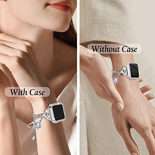JOYOZY Band Compatible with Apple Watch 38mm 40mm 41mm 42mm 44mm 45mm 46mm, Bling Strap with Glitter Case Built-in Screen Protector, Interchangeable Charms Dressy Bracelet for Women