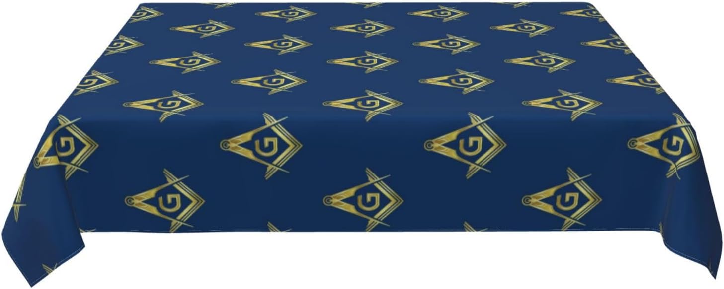 Rectangle Table Cloth, Masonic Navy Blue Gold Freemason Square Compass Kitchen Tablecloth Resistant Washable Polyester Table Cover for Dining Table Buffet Parties Camping