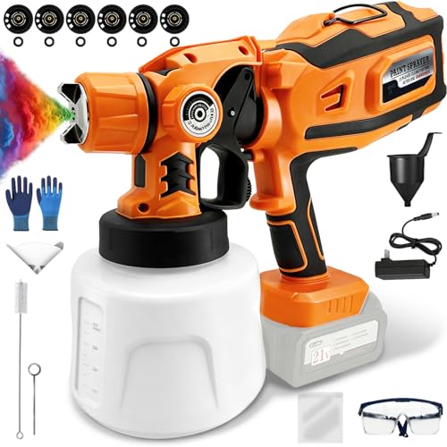 Cordless Paint Sprayer, 18–24V Electric Spray Gun with 1400ML Container, 6 Brass Nozzles & 3 Spray Patterns, Adjustable Flow for Furniture, Fence, Walls & Cabinets(Battery Not Included)