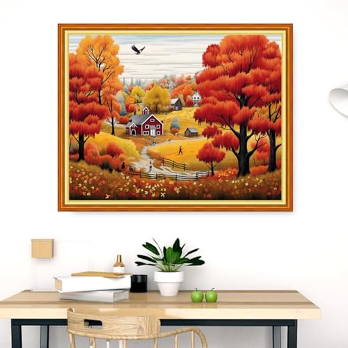 Image of Dimensean Stamped Cross Stitch Kits Full Range of Embroidery Patterns Starter Kits for Beginners Adult DIY Cross Stitches Needlepoint Kits 11CT-Deep Autumn Scenery 16x20 inch
