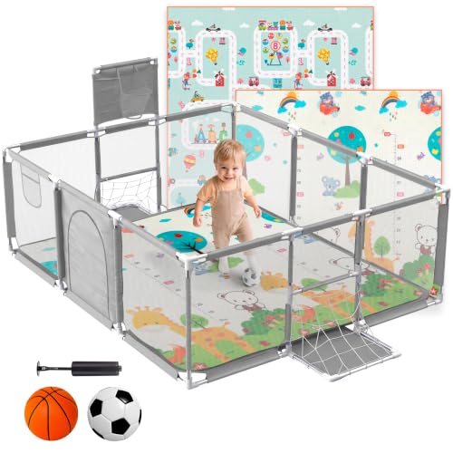 JUPPLIES Parque Infantil Bebe + Alfombra de Juego + Pelota de Futbol y Baloncesto   Corralito de Bebé Plegable 180 x 120 x 60cm   Parque de Juegos Bebé Con Malla Transpirable   Gris