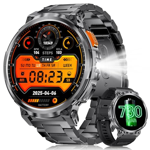 ESFOE Reloj Inteligente Hombre con LED Linterna, 730 mAh 1,85'' 5ATM Impermeable Smartwatch Hombre con Llamadas Bluetooth, Wasap, Monitor de Ritmo Cardíaco y Sueño,SpO2 para iOS Android