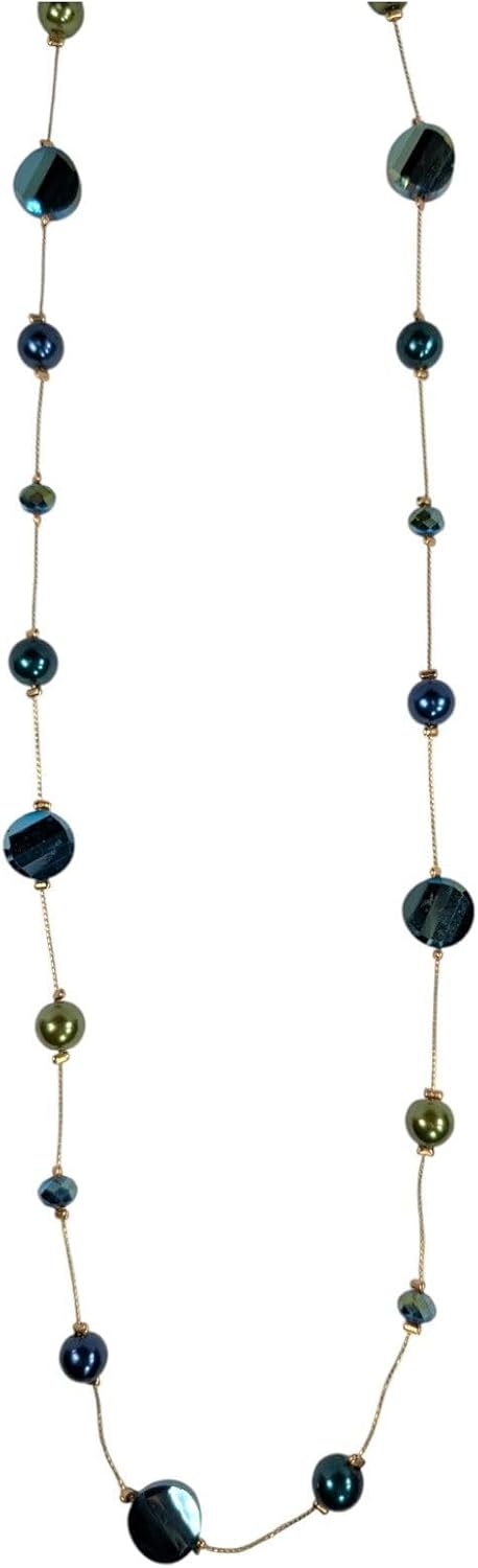 Long Single Strand Blue Green Crystal Faux Pearl Station Necklace Gold Tone 60" Fashion Necklaces Trendy Accessories Stylish Additions