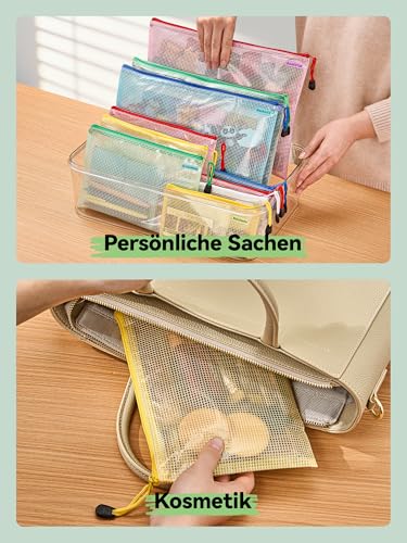 HEETA 15 Stück Dokumententasche A4+A5+A6, Wasserdichte Mesh Dokumententaschen, Dokumentenmappe mit Reißverschluss, Reißverschlussbeutel für Schule, Zuhause, Büro, Reisen, Kosmetika（5 Farben）