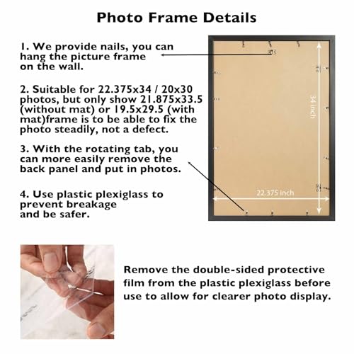 Image of JCJMY 22.375x34 Picture Frame with 20x30 Mat, Display Photo 20x30 with Mat or 22.375 x 34 Without Mat, Wall Hanging Large 22.375 by 34 Poster Frame with Plexiglass, Black