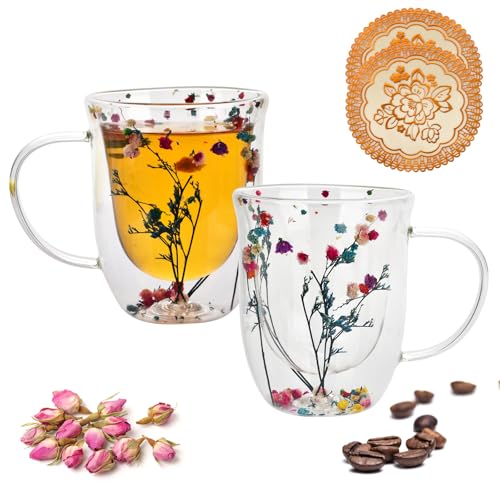 QHYK Lot de 2 tasses à café en verre - 320 ml - Double paroi avec anse, Décoration Fleurs séchées intemporelle - Pour café glacé, thé, lait, bière (avec tapis de tasse)