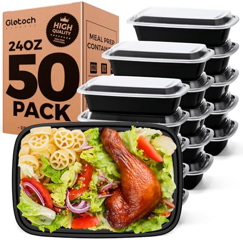 100-Piece (50-Pack) 24 OZ Meal Prep Containers Reusable with Lids, Sturdy Leakproof & Food Safe, Microwave, Freezer, Dishwasher Safe To Go Food Containers, Plastic Take Out Containers, Black
