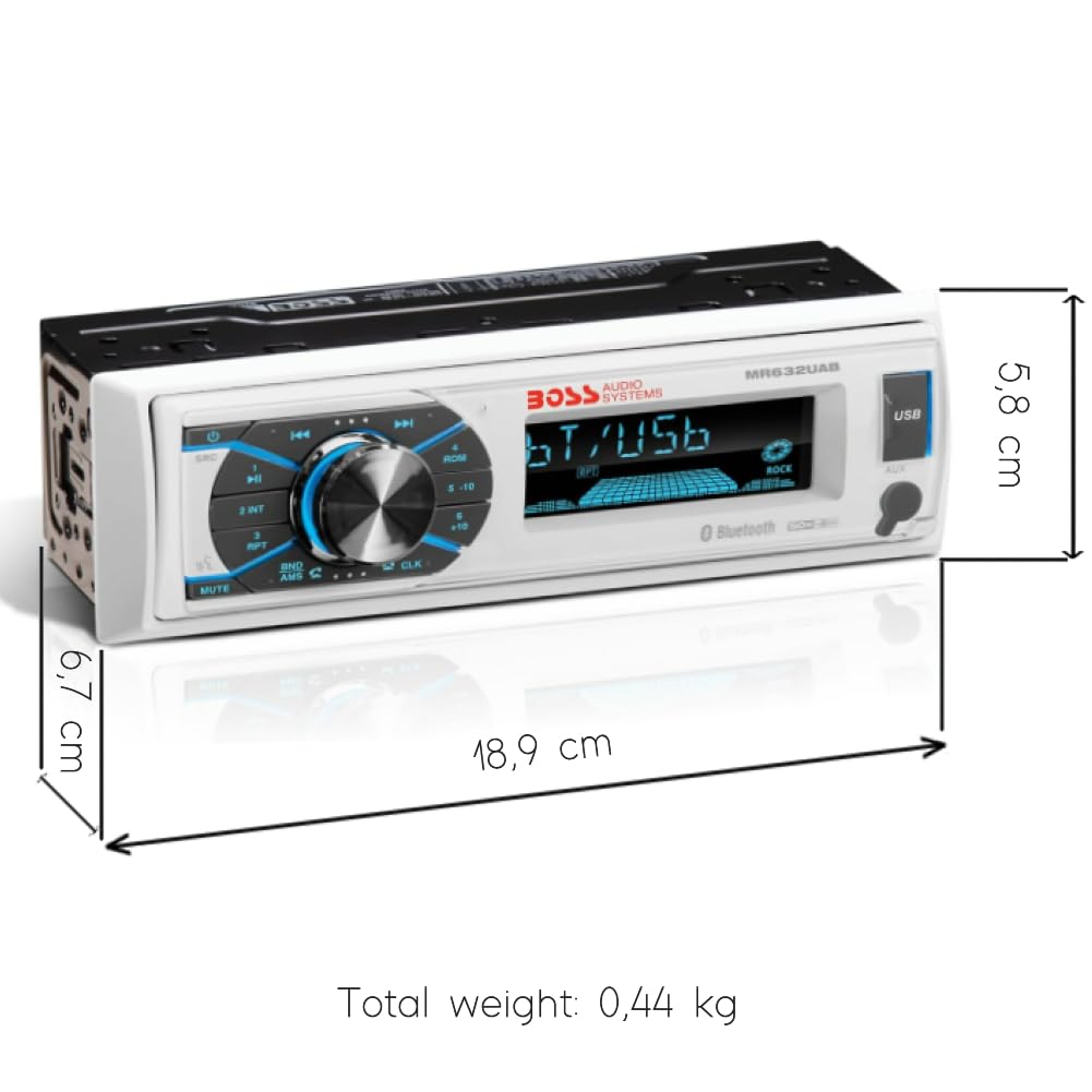 Boss Audio Systems MR632UAB Single DIN Radio Receptor AM/FM AUX USB MP3 Bluetooth Resistente al Agua Blanco 1 Unidad