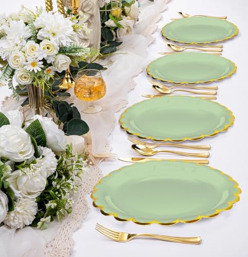 Image of HEIPINIUYE 50 Pieces Sage Green Paper Plates with Gold Foil 9 Inch Disposable Sage Scalloped Dinner Plates for Wedding Baby Shower Birthday Party Dessert Plate