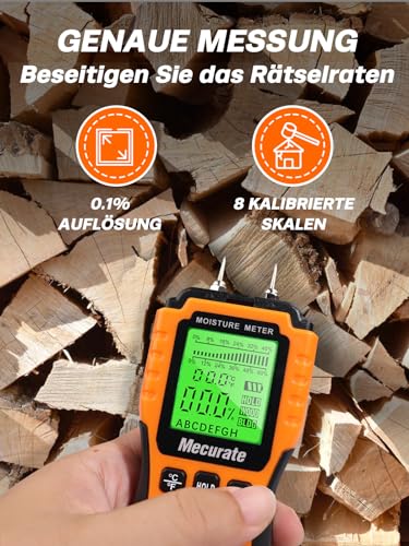 Foto von Mecurate Feuchtigkeitsmessgerät, Pin-Typ Holzfeuchtemessgerät mit Batterie und LCD-Display digitale, Moisture Detector Feuchtemessgerät-Detector für Holz,Wand,Baustoffen,Gipskarton (Akustischer Alarm)