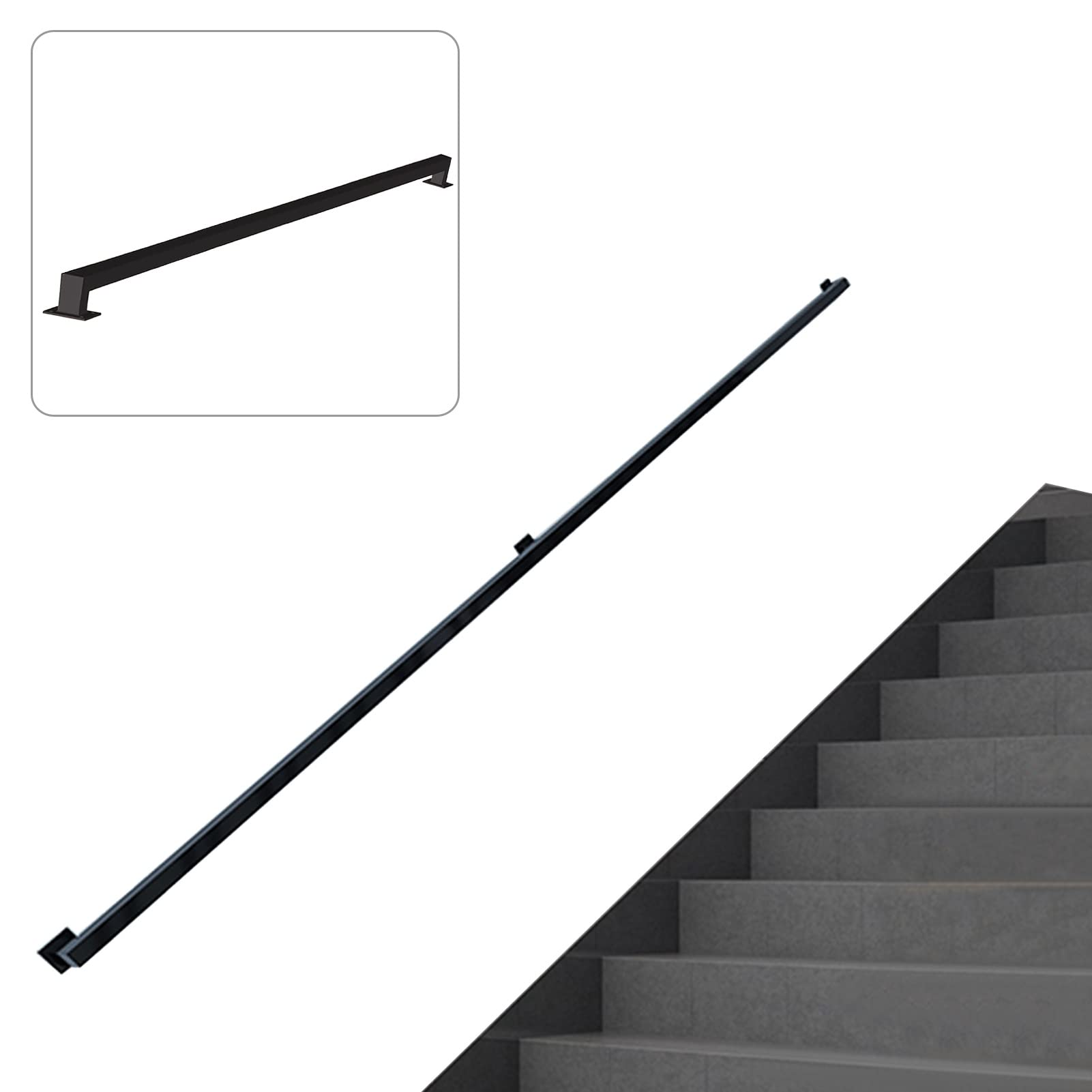Wall Stairs Banister Handrail, Staircase Banisters Railings Brackets Black Metal Wrought Iron Wall Balustrade Foot Rail Safty Support Rod(18ft/540cm)