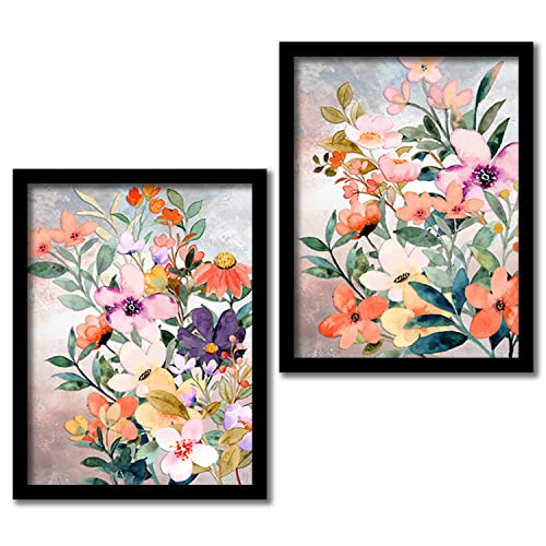 kotart - floral theme abstract art paintings with frame for living room wall decor - modern art framed posters (11x14 inch, multicolor) set of 2
