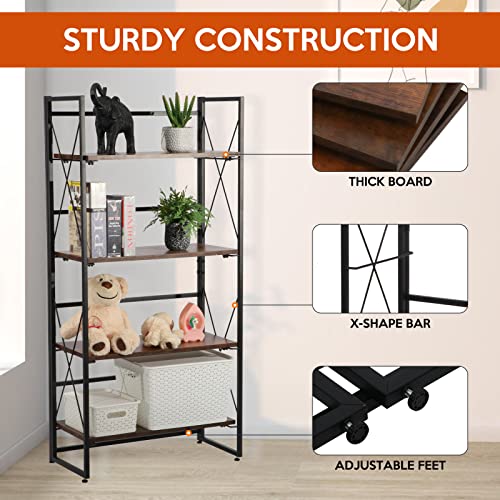 4 Tier Tall Bookshelf, Industrial Book Shelf Open Shelving Wood Display Storage Bookscase For Small Spaces Book Case Metal Standing Shelf Unit For Living Room, Bedroom, Office, Library, Kitchen #TOP4