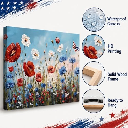 Image of Patriotic Red White Blue Wildflower Wall Art, 4th of July Floral Canvas Prints, Framed Independence Day Wall Decor, American Flag Butterfly Artwork for Bedroom Office, Made in USA