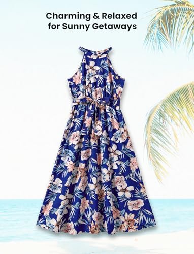 Image of PATPAT Family Hawaiian Matching Outfits - Mommy and Me Vacation Outfits | Halter Sundresses and Button Down Shirts,Caribbean Vacation Summer Tropical Outfits,Hawaiian Boho Tropical Floral Printed