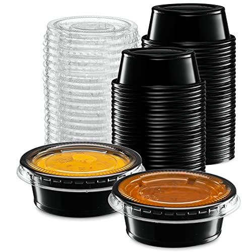 Image of 1.5 oz - 100 Sets Black Diposable Plastic Portion Cups With Lids, Small Mini Containers For Portion Controll, Jello Shots, Meal Prep, Sauce Cups, Slime, Condiments Disposable Souffle Cups