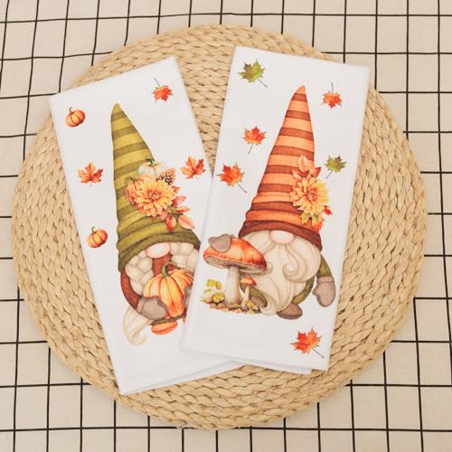 LXOMILL Fall Gnomes Kitchen Towels, Maple Leaves Pumpkin Fall Dish Towels, Gnome Fall Decor, Fall Hand Towels, Set of 2 - Image 4