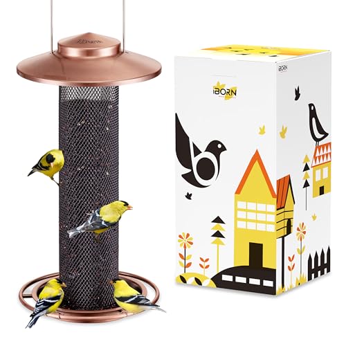 iBorn Finch Feeders for Outside,Thistle Bird Feeders for Outdoors Hanging,Nyjer Seed Feeder,Metal Mesh Tube Bird Feeder 13.5 Inch with 17cm Weatherproof Large Roof&Tray,2 LB Capacity,Brushed Copper