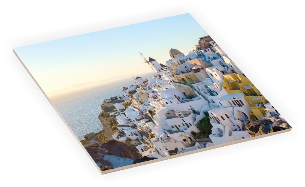 6 Inch Square Decorative Ceramic Tile (Art) for Wall or Decor Featuring Image of Santorini During Sunset in Greece a Beautiful Greek Landmark