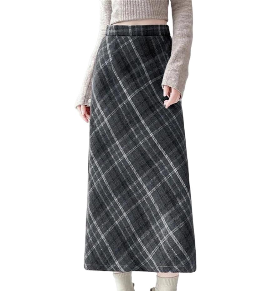 Solid Color Casual High Waist Vintage Slim Fit Plaid Women's Long Skirt