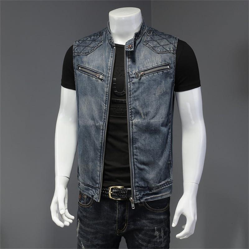 Gilet in Denim di Moda Maschile, Motociclista con Cerniera Maschile Jean Gilet, Giacca da abbonamento Senza Maniche Maschile