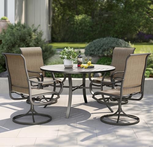 Image of PHI VILLA Patio Dining Set for 4, Round Table & Swivel Mesh Chairs, Brown | 42'' Metal slat table with umbrella hole, E-coating metal frame & Textilene chairs, All-weather design for outdoor, deck