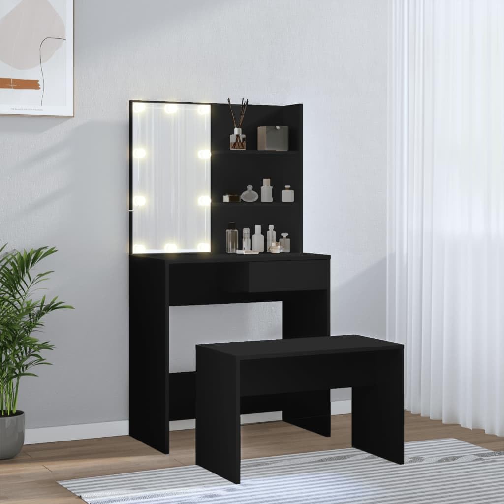 Set Tavolo da Toeletta con LED Nero in Legno Multistrato,Mobili,Armadietti e portaoggetti,Componenti di arredo,Toeletta-3114108