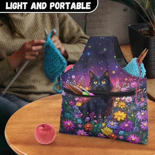 Image of ZUXONGSYBlack Cat Yarn Bags for Knitting Floral Yarn Storage Organizer for Crochet Portable Knitting Project Bag