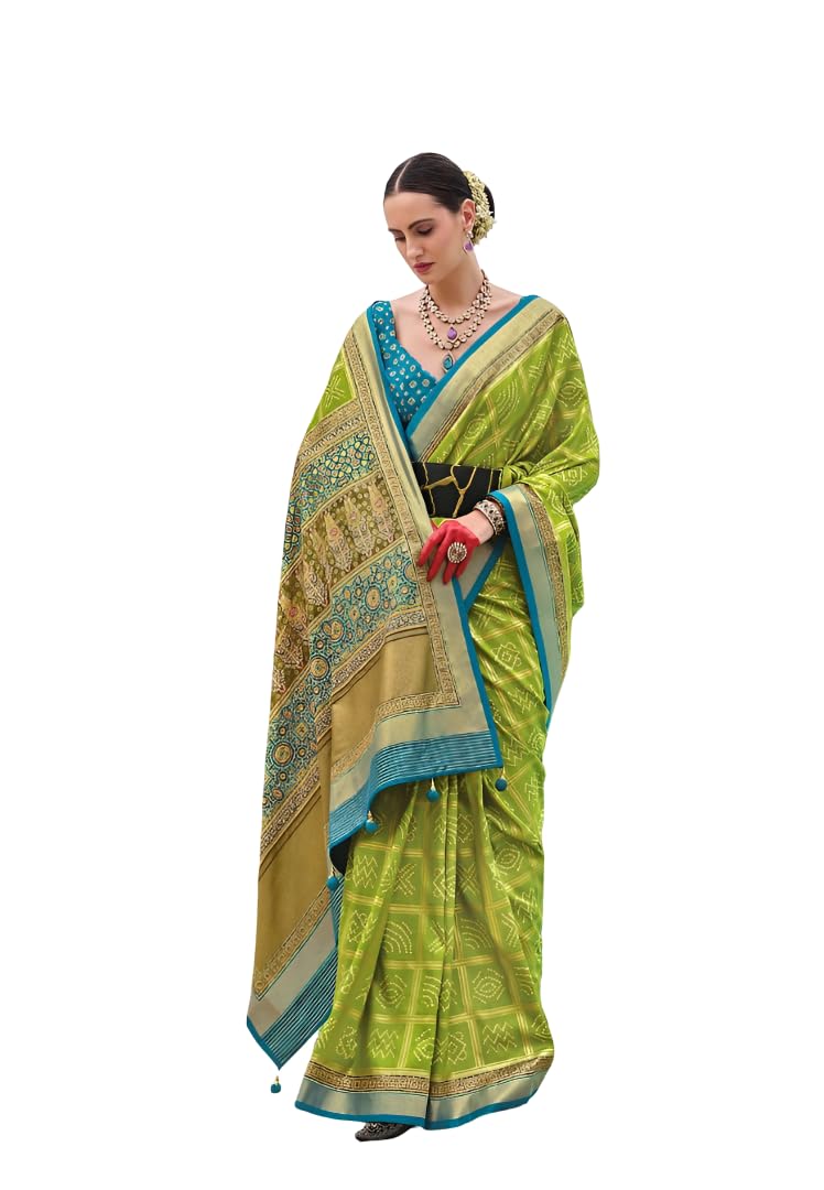 Lime Green Banarasi Silk Saree with Teal Blue Blouse, Traditional Woven Design, Gold Border-image-25