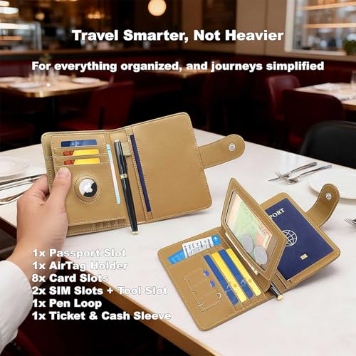 Image of Passport Holder for Travel, RFID Blocking Leather Airtag Wallet for Women Men, Large Passport Cover Essentials Gift, Tickets, Cash, Photo, Sim Card Pen Slot - Apricot