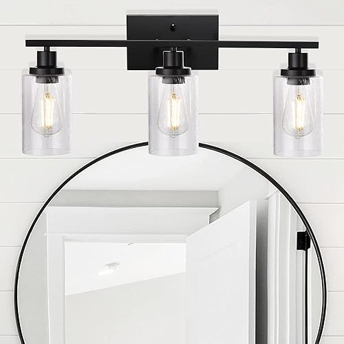 Miniatura 3 de WINSHEN Lámparas de baño negras de 4 luces con pantalla de vidrio semillado, 31 pulgadas de longitud, luces de tocador de granja sobre espejo para