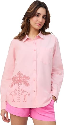 The Souled Store Cotton Linen Shirt: Flamingo Women and Girls Long Sleeve Collared Neck Pink Embroidered Oversized Fit Lig...