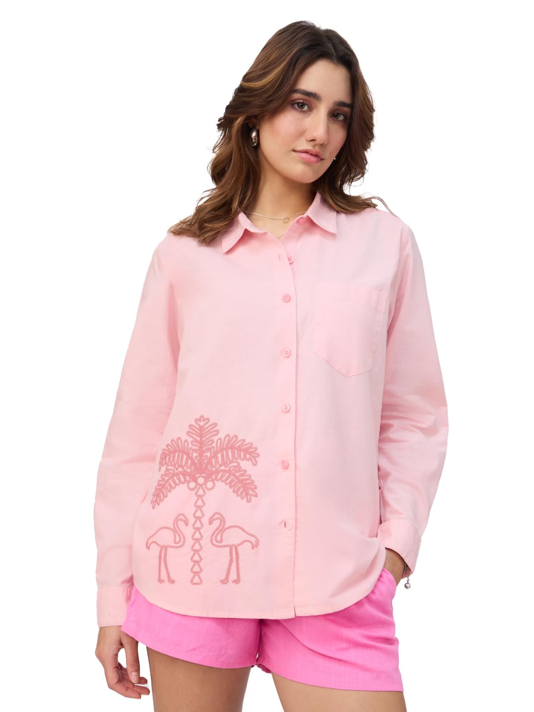 the souled store Cotton Linen Shirt: Flamingo Women and Girls Long Sleeve Collared Neck Pink Embroidered Oversized Fit Lightweight Summer-Ready Cotton Linen Boyfriend Shirts-picture-22