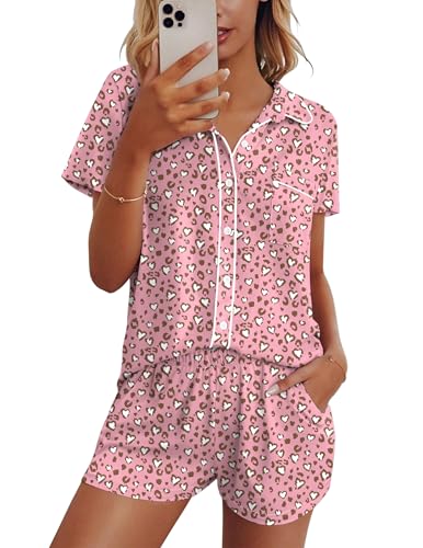 Image of Ekouaer Womens Pajama Sets Button Down Lounge Set 2 Piece Loungewear Soft Sleepwear Short Sleeve Pjs with Pockets