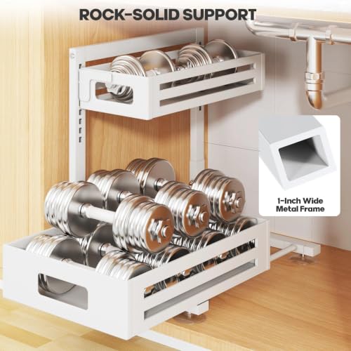 Image of 2 Pack Under Sink Organizer,Pull Out Cabinet Organizer With Smooth Cylindrical Rail,Metal Slide Out Drawer for Kitchen Bathroom Laundry Cabinet,8-Level Tool Free Height Adjustable-White