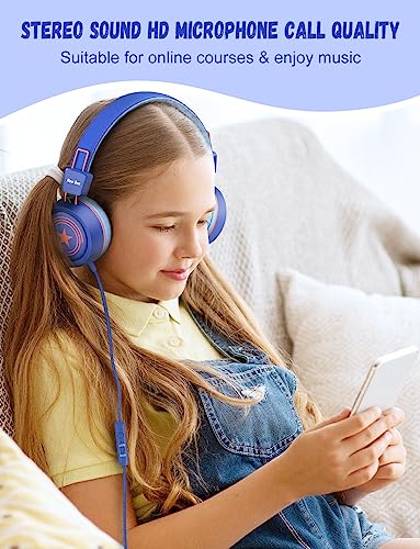 Image of New Bee Kids Headphones for School with Microphone KH20 HD Stereo Safe Volume Limited 85dB /94dB Foldable Lightweight On-Ear Headphone for boy Mac /Android /Kindle /Tablet /Pad(Royal Blue)