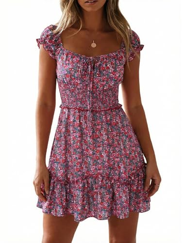 Image of Valphsio Womens Smocked Dress Ruffle Floral Tie Front Boho Short Dresses