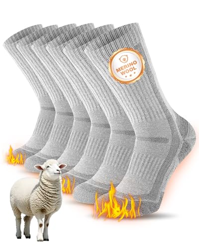 SockWaddles Merino wandelsokken voor dames en heren, ademende thermosokken, trekkingsokken, merinowol, warme wintersokken, gevoerde outdoor sokken, sportsokken, anti-blaren, werksokken, 3 paar, grijs