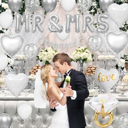 Image of Silver Engagement Party Decorations, MR and MRS Balloons Decor, Metallic