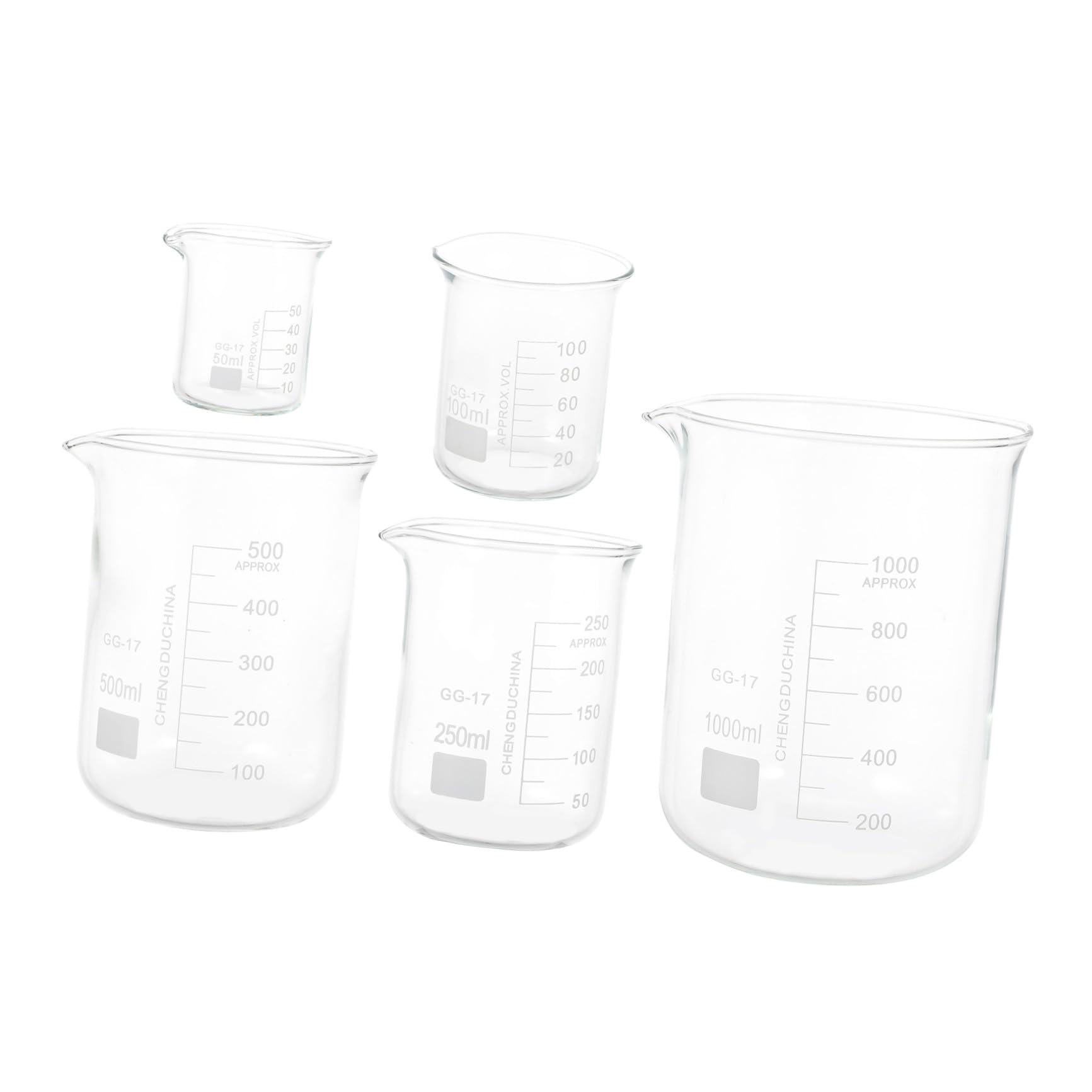 PLAFOPE Vasos de Precipitados de Vidrio Graduado, 5 Piezas para Laboratorio | Tazas Medidoras Transparentes, Porta Líquidos a Escala, Decoracion Colegio