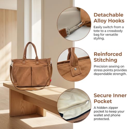 Bolso tote de pana para mujer con cierre y correas fijas miniatura 6