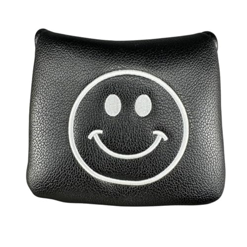 Aoasious スマイル かわいい ゴルフ パター用 マレット型 ヘッドカバー オデッセイ2ボール・テーラーメイド スパイダーパター対応 スタッズプリント マグネット開閉 PUレザー 耐久 防汚 防傷 メンズ レディース ギフト (正方形,ブラック)