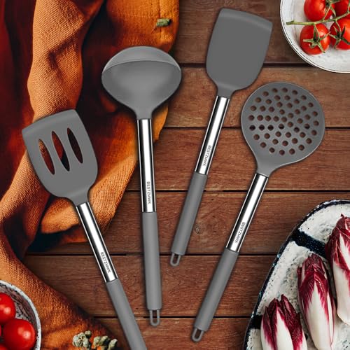 Image of Kitchen Utensils Set-Silicone Cooking Utensils-32pcs Non-Stick Silicone Cooking Kitchen Utensils Spatula Set with Holder-Best Kitchen Cookware with Stainless Steel Handle (Grey)
