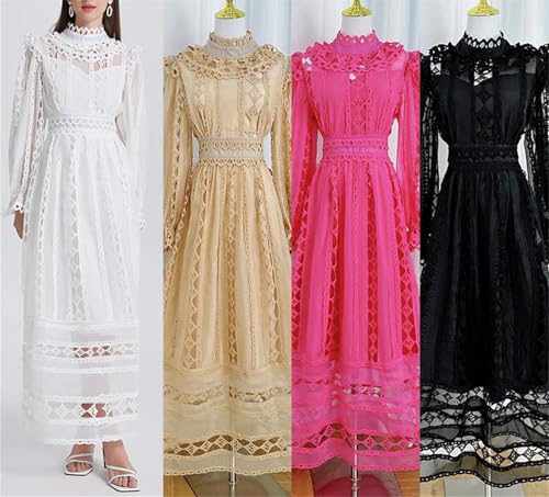 Women's Lace Maxi Party Dress - Stand Collar Long Sleeve Hook Embroidery Design3