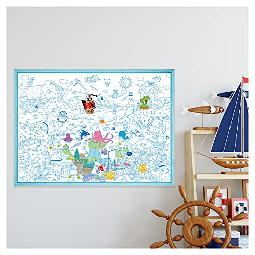 YETI BLANK DESIGNS - Poster Géant XL à Colorier avec 150+ stickers - Atlantis et la vie sous marin mer - 100x70cm - idée cadeau poster avec autocollants - facile à encadrer - coloriage enfants Cover