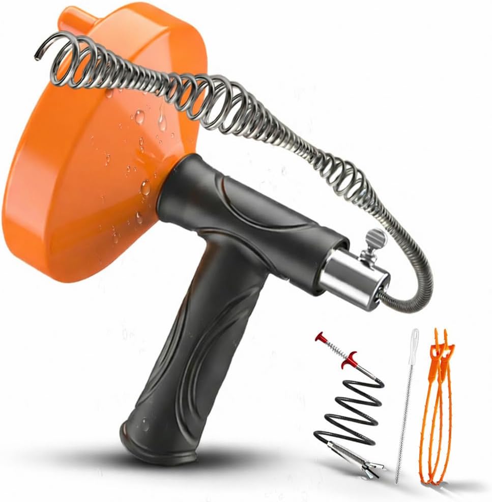 Drain Auger 33 Feet, Plumbing Snake Hair Clog Removal Tool, Heavy Duty Toilet Auger, Clog Remover Tool for Bathroom Kitchen Tub Shower Drain Clog Remover with Gloves, Orange
