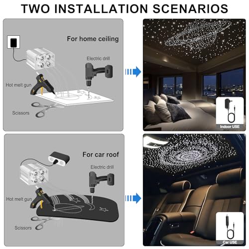 Image of 4 Colors 32W Twinkle Car Starlight Headliner Kit 700pcs*0.03in*13.1ft with APP&RF Remote,RGBW Fiber Optic Strands Star Roof Lights,4 Port Engine Sound Activated Ceiling Star Lights for Home /Car Decor