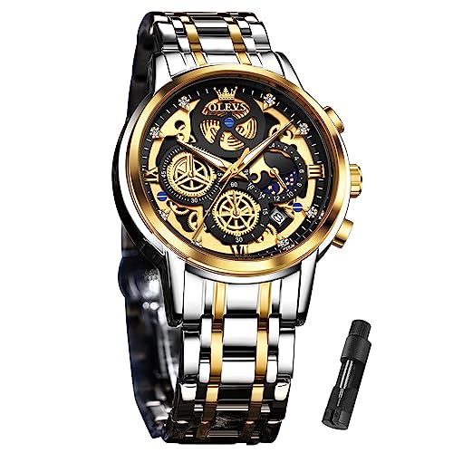 Image of OLEVS Skeleton Watch for Men Stainless Steel Chronograph Watch for Men Classic Waterproof Mens Watches with Date Luxury Business Men's Analog Wrist Watches, relojes para Hombres Blue /Black /Gold /White